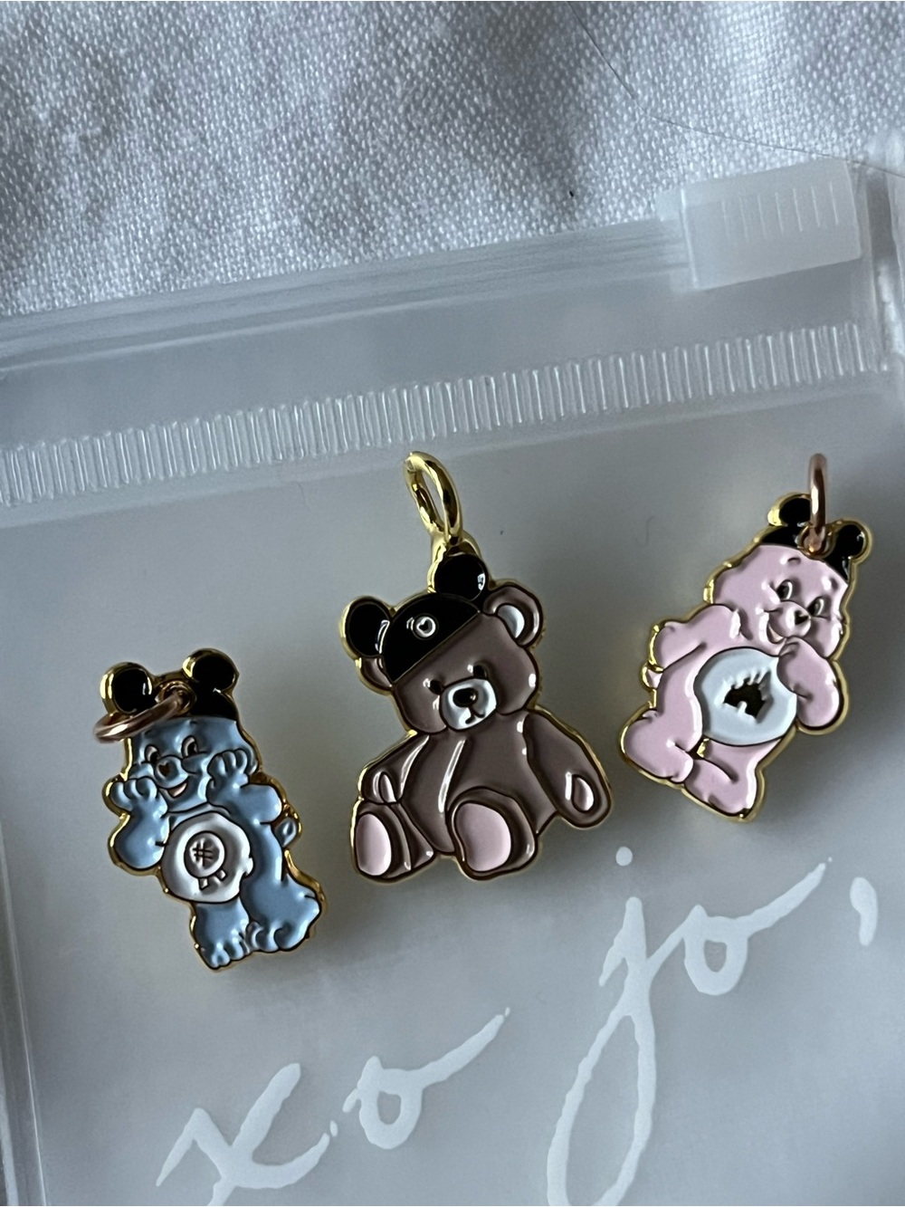Gold-Trim Disney Inspired Teddy Bear Charm Set of Three - Pink, Brown, Blue